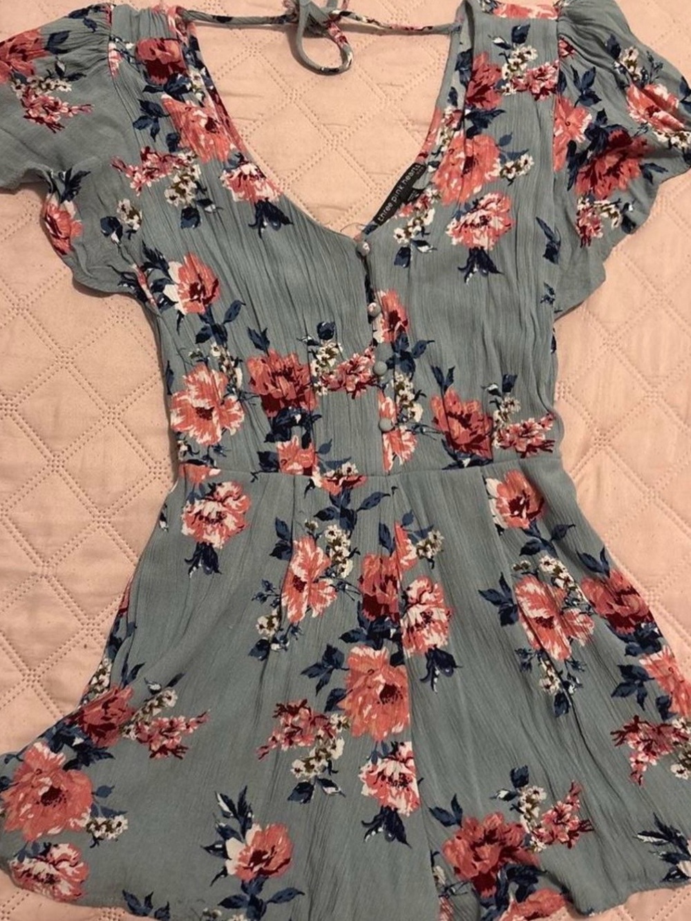 Three Pink Hearts Floral V-Neck Women’s Dress in Dusty Blue and Coral. Size S.